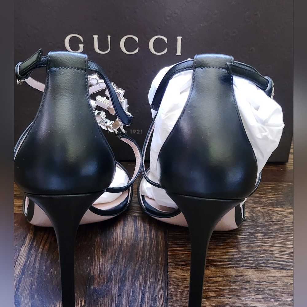 Brand New Gucci Women High Heel Nappa Charlotte Sandals GG Interlocking 9.5 - Picture 6 of 13